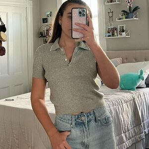 Kendall & Kylie Gray Polo Collar Crop Button Down